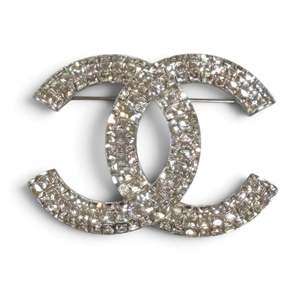 CHANEL B16S Coco Mark Rhinestone Brooch, Silver, Made in Italy, Women's